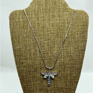 18’ Dragonfly pendant Necklace on silver tone chain. Iridescent Rhinestones.